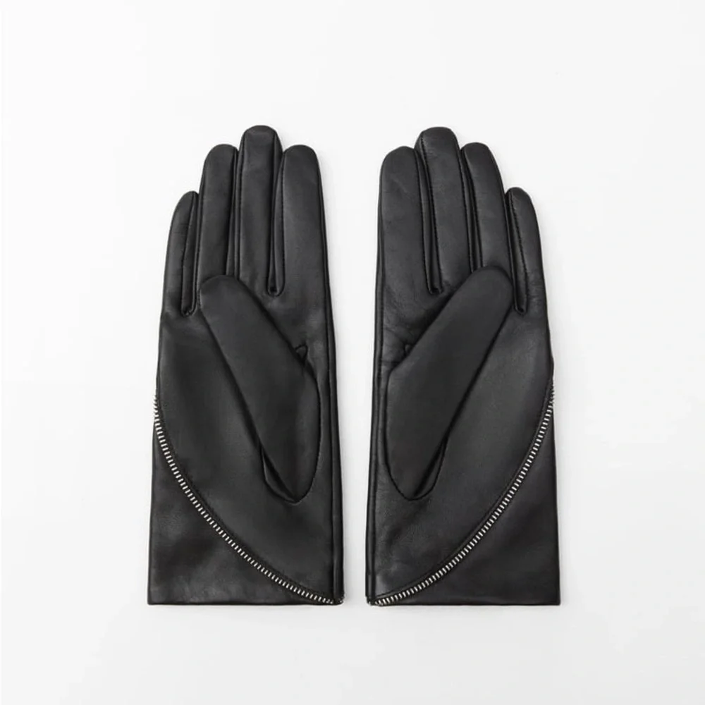 Zara Black Leather Gloves with Silver Zipper Detail